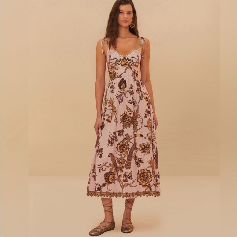 farm rio pink tropical landing lace midi dress